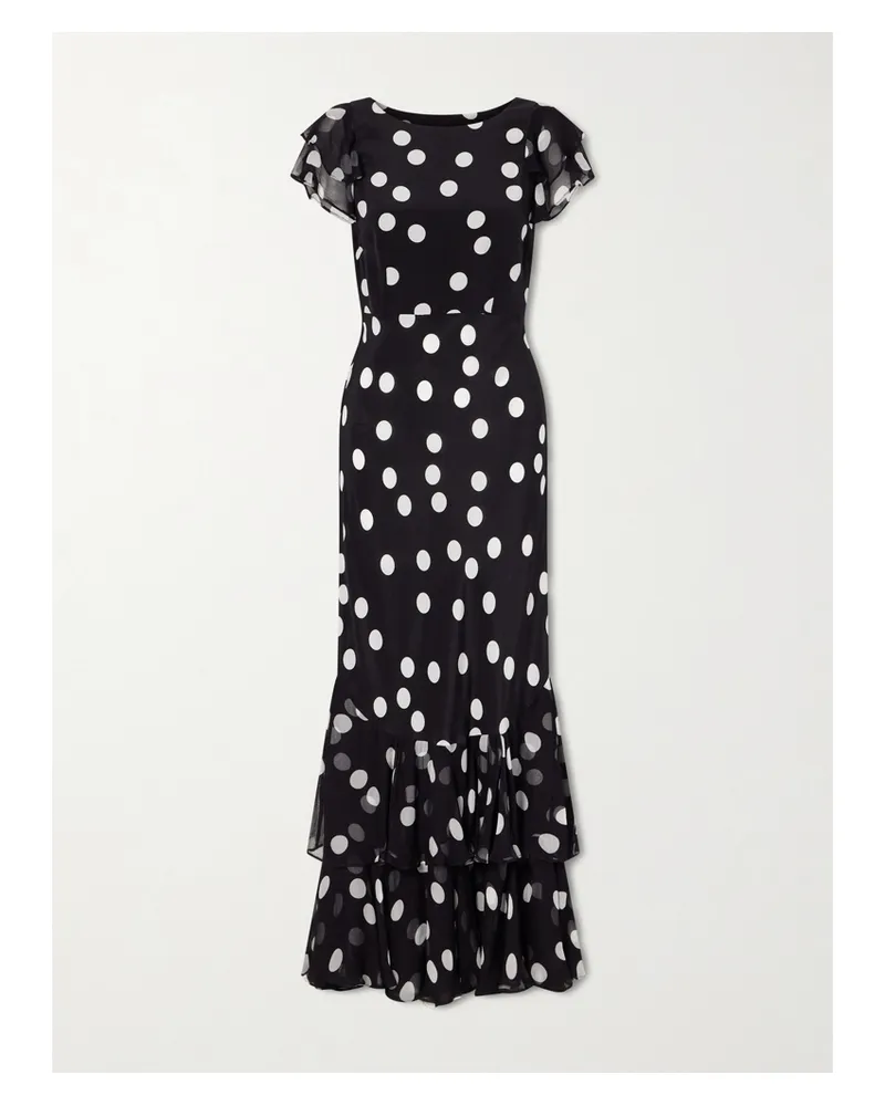 RIXO Ordinia Polka-dot Crepon-trimmed Silk-satin Midi Dress - Black Black