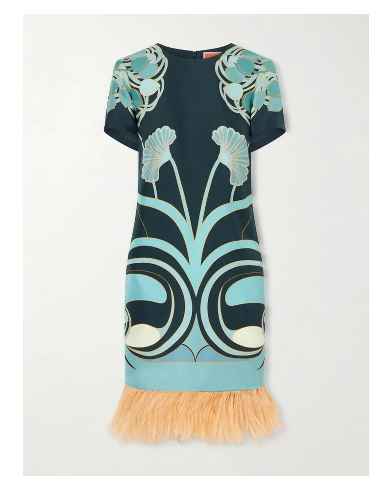 La DoubleJ Swing Printed Feather-trimmed Silk-twill Mini Dress - Green Green