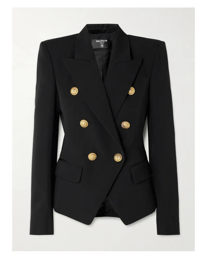 Balmain Double-breasted Grain De Poudre Wool Blazer - Black Black