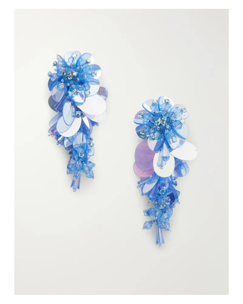 Oscar de la Renta Bouquet Tasseled Beaded Gold-tone Crystal Clip Earrings - Blue Blue