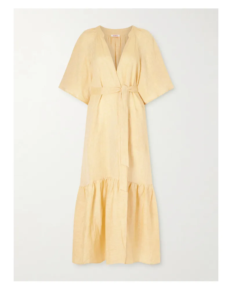 Eres Audacieuse Belted Tiered Linen Midi Dress - Yellow Yellow