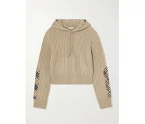 Checked Bouclé-trimmed Ribbed Wool And Cashmere-blend Hoodie - Neutrals