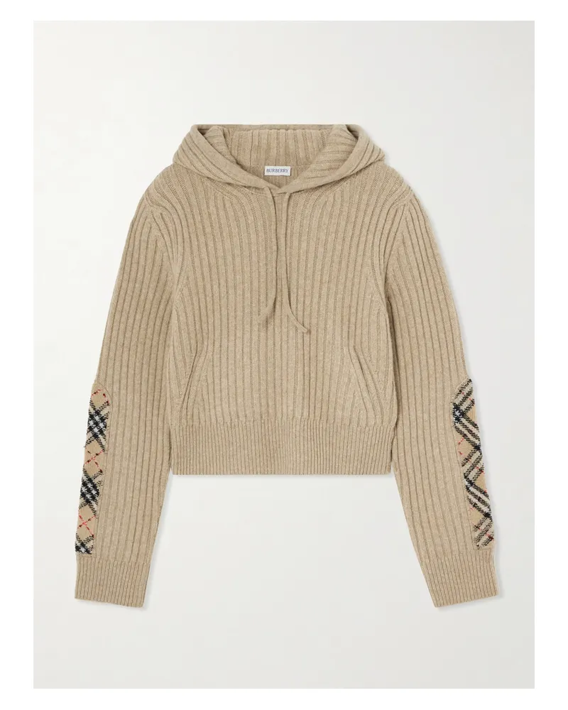 Burberry Checked Bouclé-trimmed Ribbed Wool And Cashmere-blend Hoodie - Neutrals Neutrals