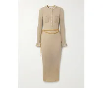 Midikleid Aus Metallic-rippstrick Mit Rüschen Und Gürtel - Gold