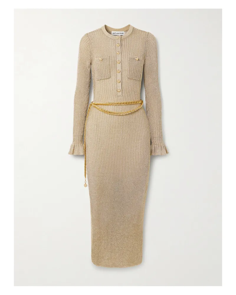 Self-Portrait Midikleid Aus Metallic-rippstrick Mit Rüschen Und Gürtel - Gold Gold