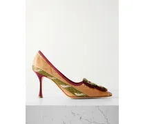 Montmedy 90 Appliquéd Embroidered Striped Satin Pumps - Orange