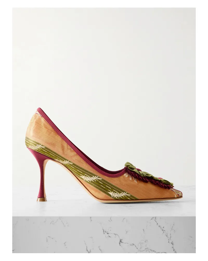 Manolo Blahnik Montmedy 90 Pumps Aus Satin Mit Streifen, Stickereien Und Applikationen - Orange Orange