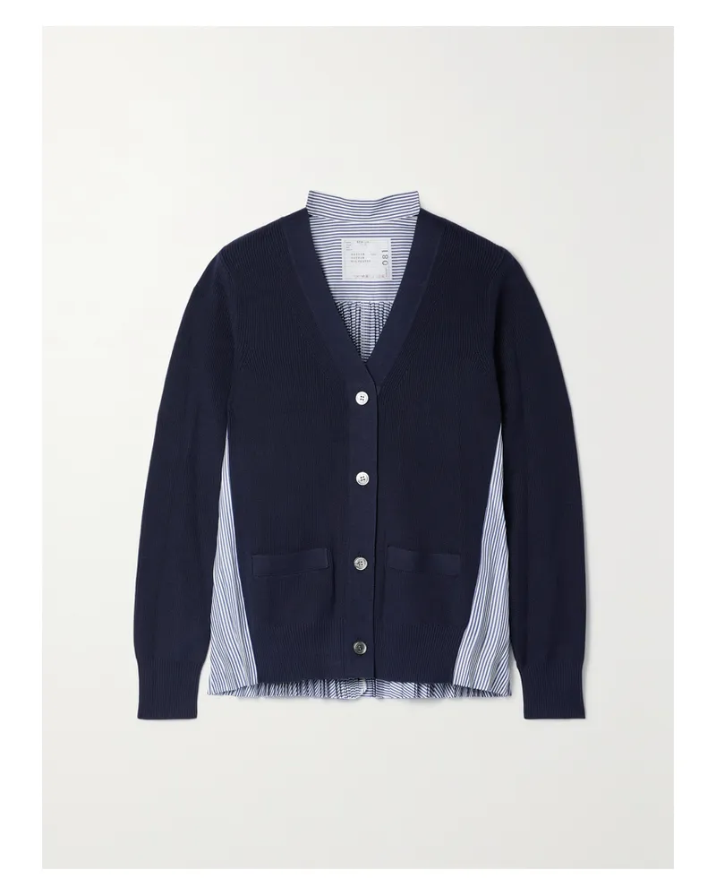 Sacai Cotton And Pleated Striped Poplin Cardigan - Blue Blue