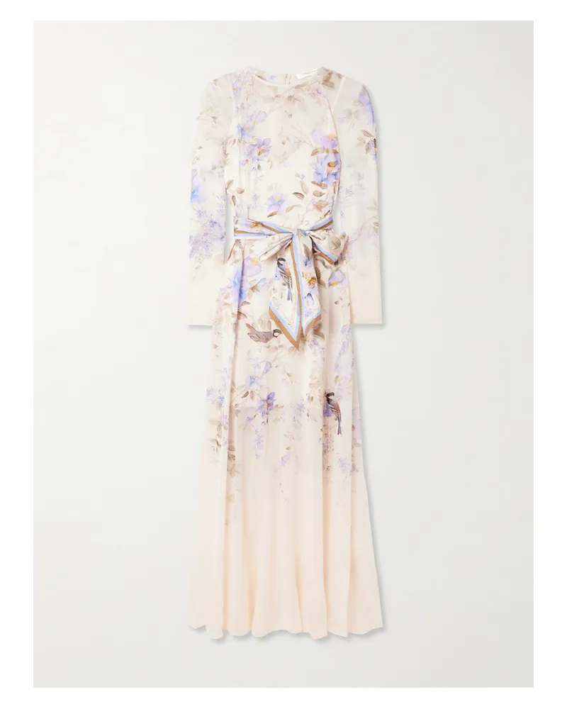 Zimmermann Luna Maxikleid Aus Bedrucktem Chiffon Mit Bindegürtel Aus Seidensatin - Creme Creme
