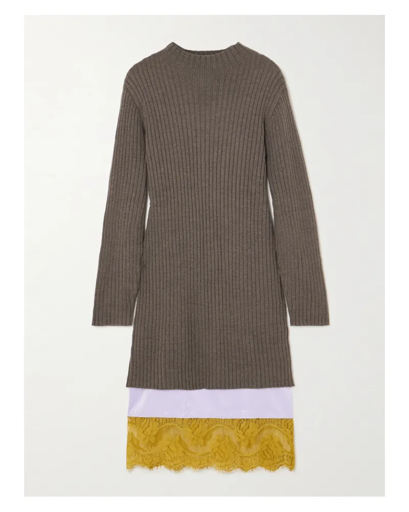 STAUD Willow Mehrlagiges Midikleid Aus Einer Wollmischung Und Satin Mit Spitzenbesatz - Braun Braun