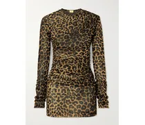 Leopard-print Ruched Mesh Mini Dress - Animal print
