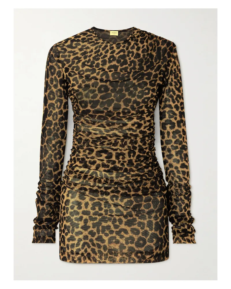 Saint Laurent Leopard-print Ruched Mesh Mini Dress - Animal print Animal