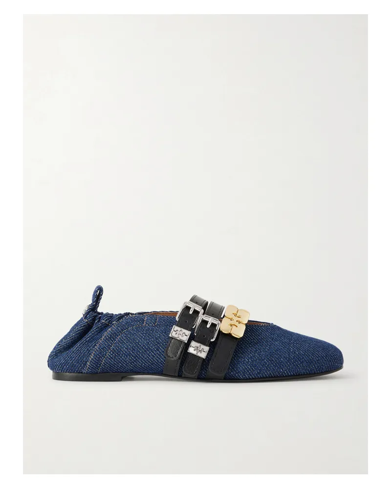 Ganni Sue Triple Embellished Denim Ballet Flats - Blue Blue
