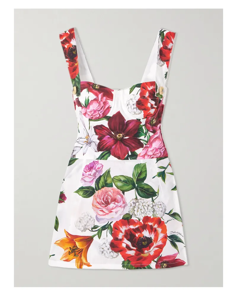 Dolce & Gabbana Minikleid Aus Baumwollpopeline Mit Blumenprint - Weiß Weiß