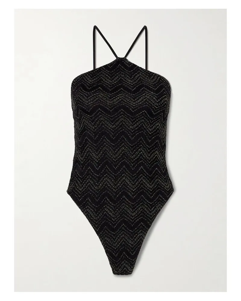 Missoni Mare Badeanzug Aus Gestreiftem Häkelstrick In Metallic-optik - Schwarz Schwarz