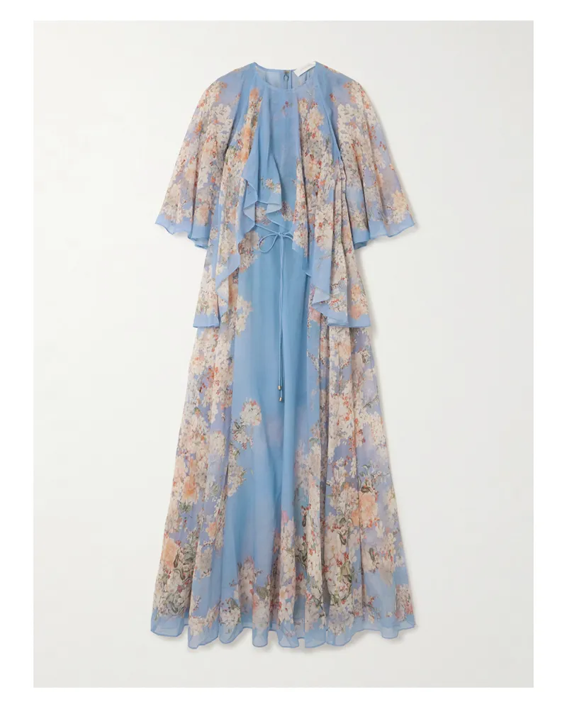 Zimmermann Cascadian Maxikleid Aus Recyceltem Georgette Mit Blumenprint, Stufen Und Rüschen - Blau Blau