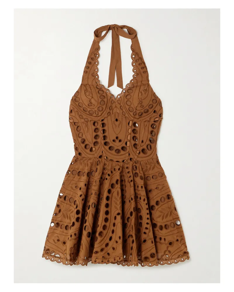 Charo Ruiz Sandlight Broderie Anglaise Cotton-blend Halterneck Mini Dress - Brown Brown