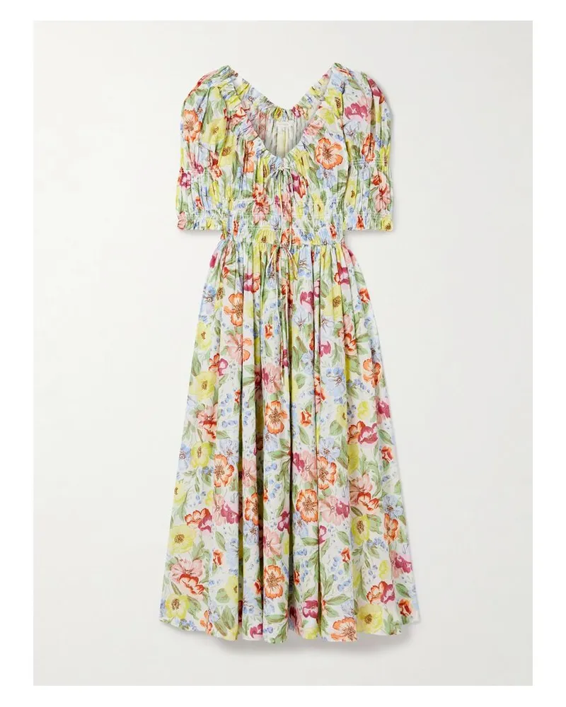 DÔEN Ischia Midikleid Aus Baumwoll-voile Mit Blumenprint Und Raffungen - Gelb Gelb