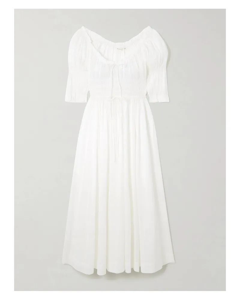DÔEN Ischia Shirred Organic Cotton-blend Voile Midi Dress - White White