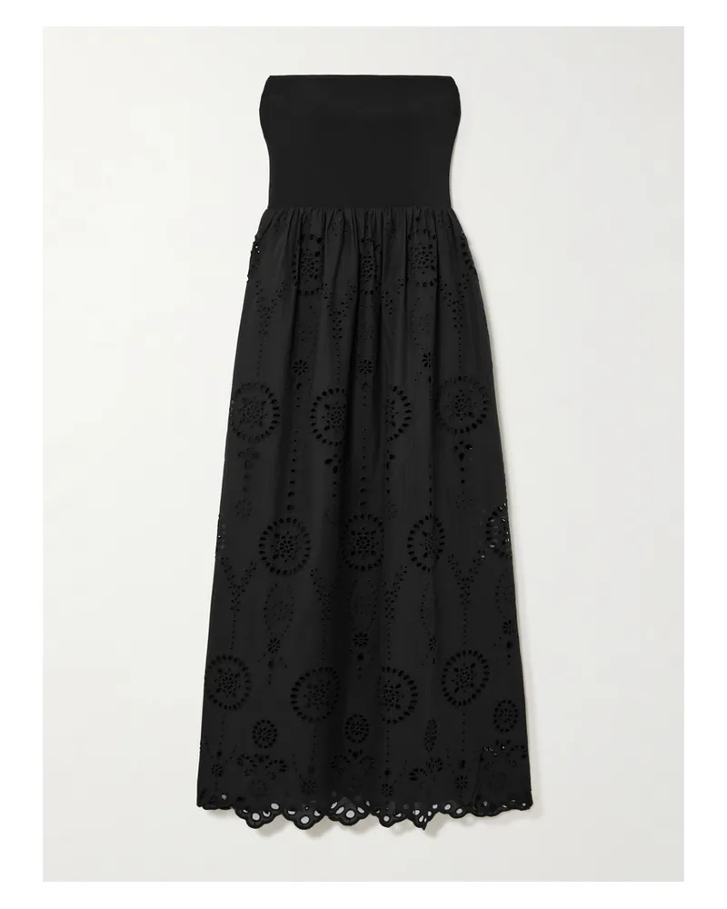 Matteau Strapless Broderie Anglaise Organic Cotton And Stretch-knit Midi Dress - Black Black