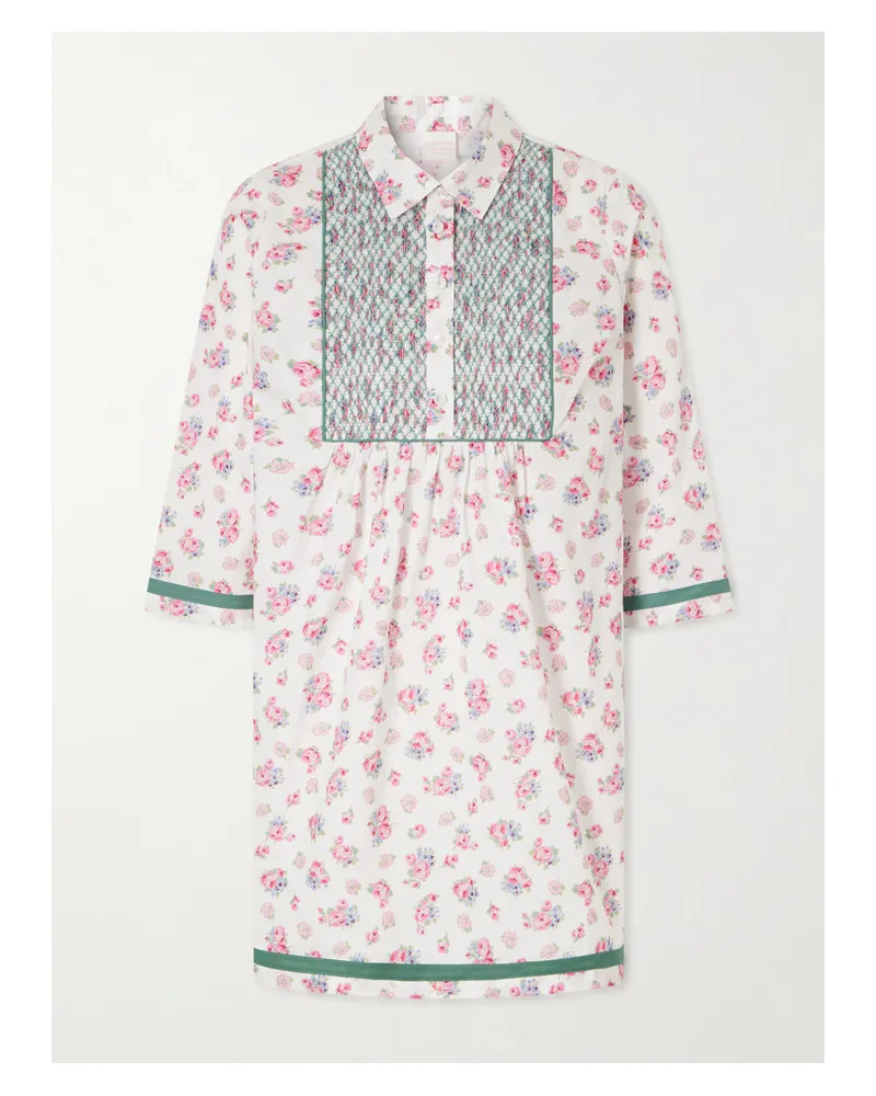 Loretta Caponi Alassio Shirred Embroidered Floral-print Cotton-poplin Mini Dress - Multi Multi