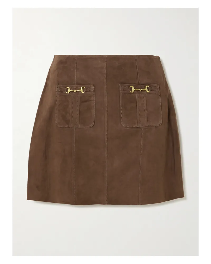 RIXO Wiley Embellished Paneled Suede Mini Skirt - Brown Brown