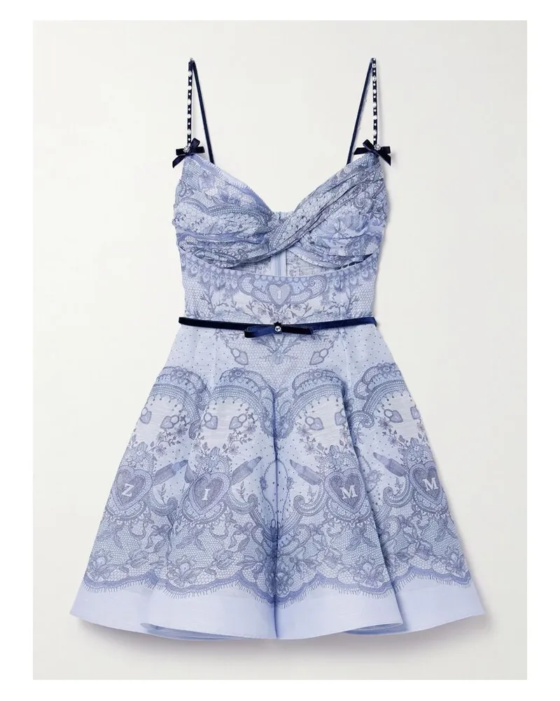 Zimmermann Crush Minikleid Aus Einer Bedruckten Leinen-seidenmischung Mit Samtbesätzen Und Verzierungen - Blau Blau