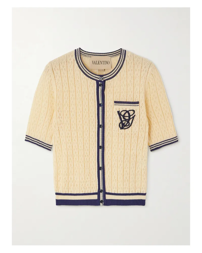 Valentino Garavani Cardigan Aus Einer Leinenmischung In Pointelle-strick Mit Streifen Und Stickerei - Creme Creme