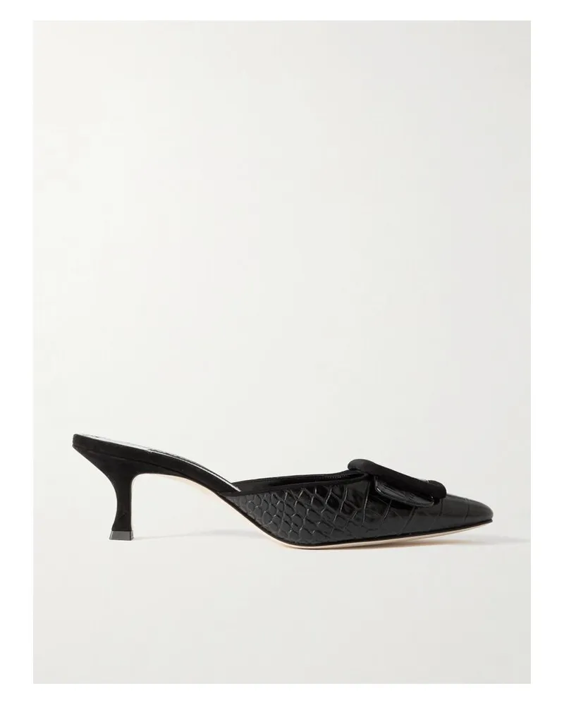 Manolo Blahnik Maysalebi 50 Mules Aus Leder Mit Krokodileffekt Und Velourslederbesätzen - Schwarz Schwarz