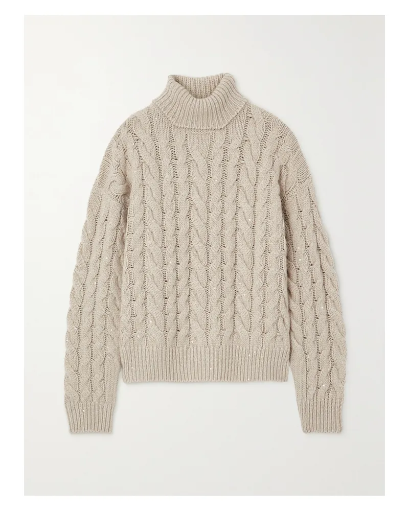 Brunello Cucinelli Rollkragenpullover Aus Kaschmir In Zopfstrick Mit Pailletten - Neutral Neutral