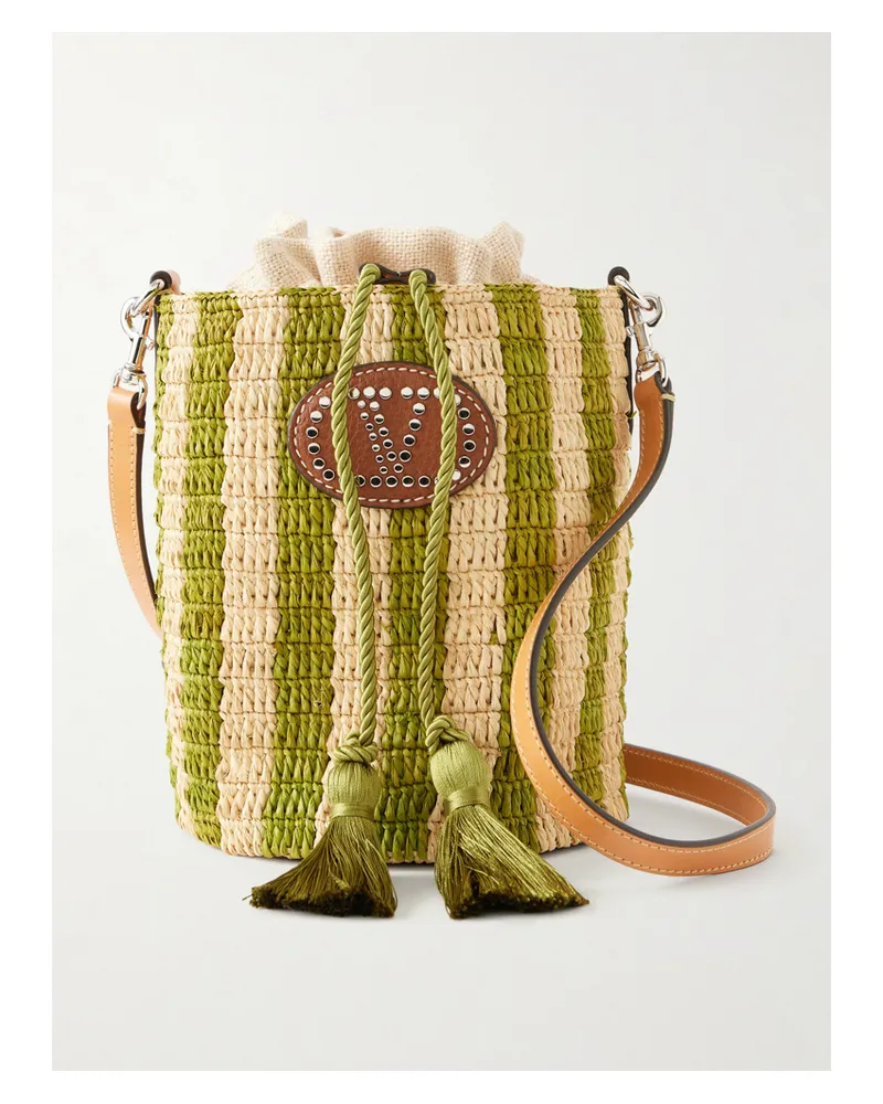Valentino Garavani Small Striped Raffia Bucket Bag - Green Green