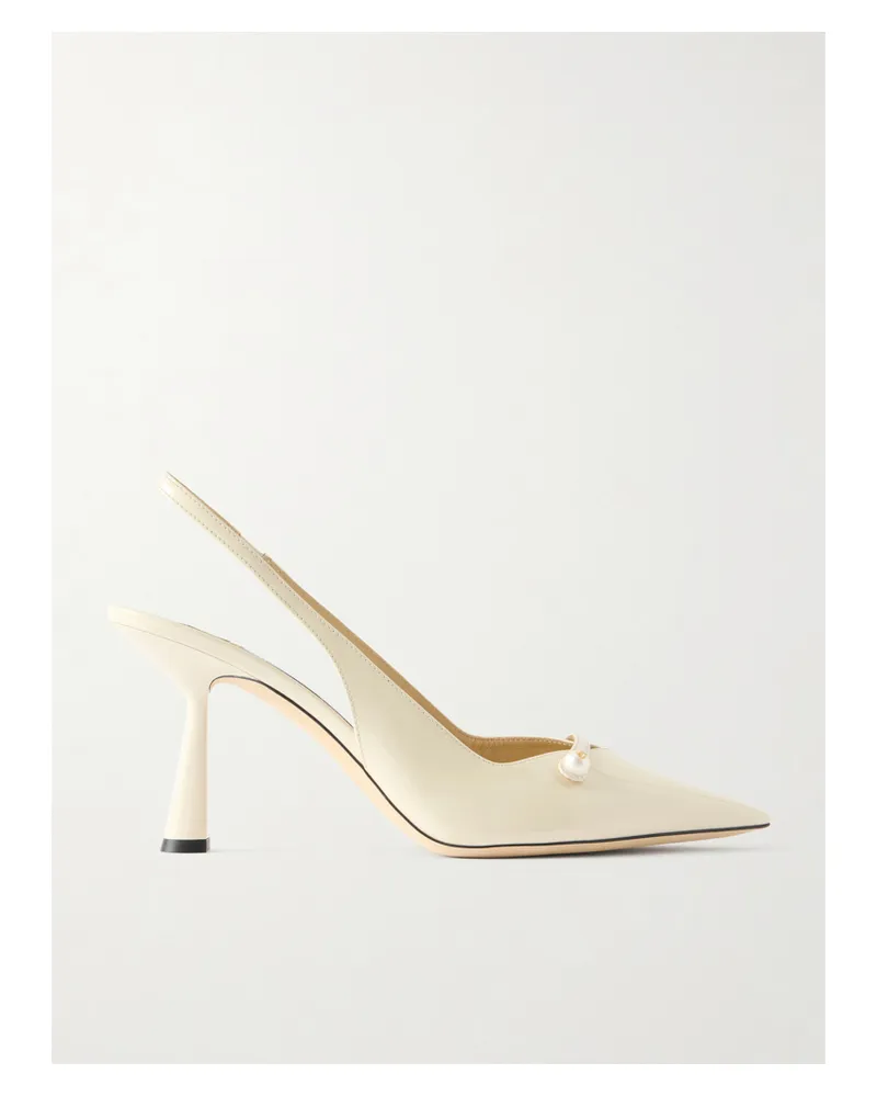 Jimmy Choo Amita 85 Faux-pearl Embellished Patent-leather Slingback Pumps - Neutrals Neutrals