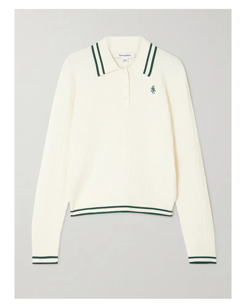SPORTY & RICH Pullover Mit Polokragen In Zopfstrick Mit Streifen Und Stickerei - Weiß Weiß