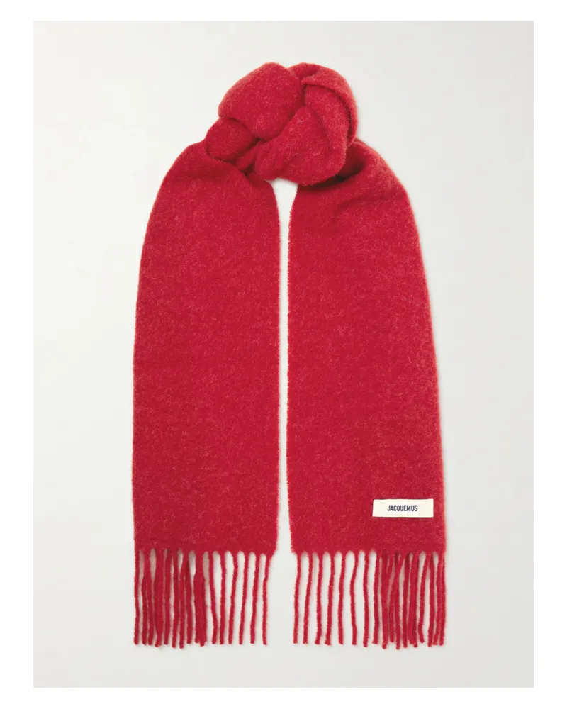 Jacquemus Fringed Appliquéd Brushed Knitted Scarf - Red Red
