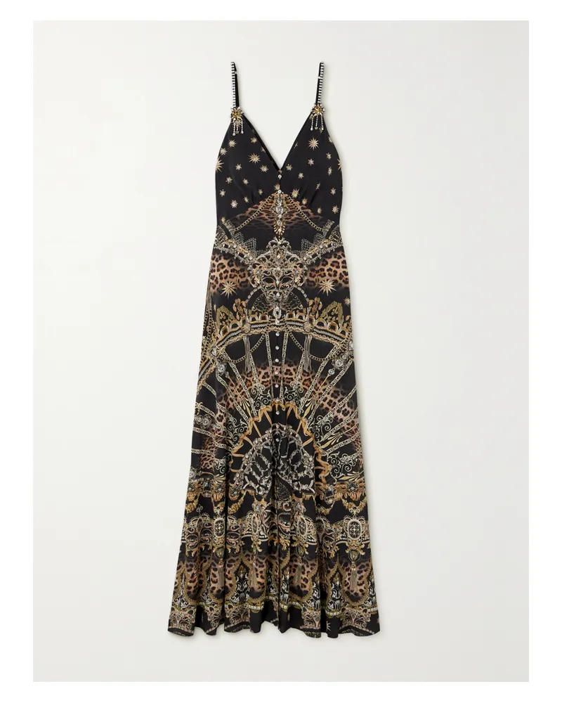Camilla Maxikleid Aus Bedrucktem Seiden-crêpe Mit Kristallen - Schwarz Schwarz