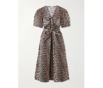 Belted Bow-embellished Leopard-print Cotton-poplin Midi Dress - Animal Print