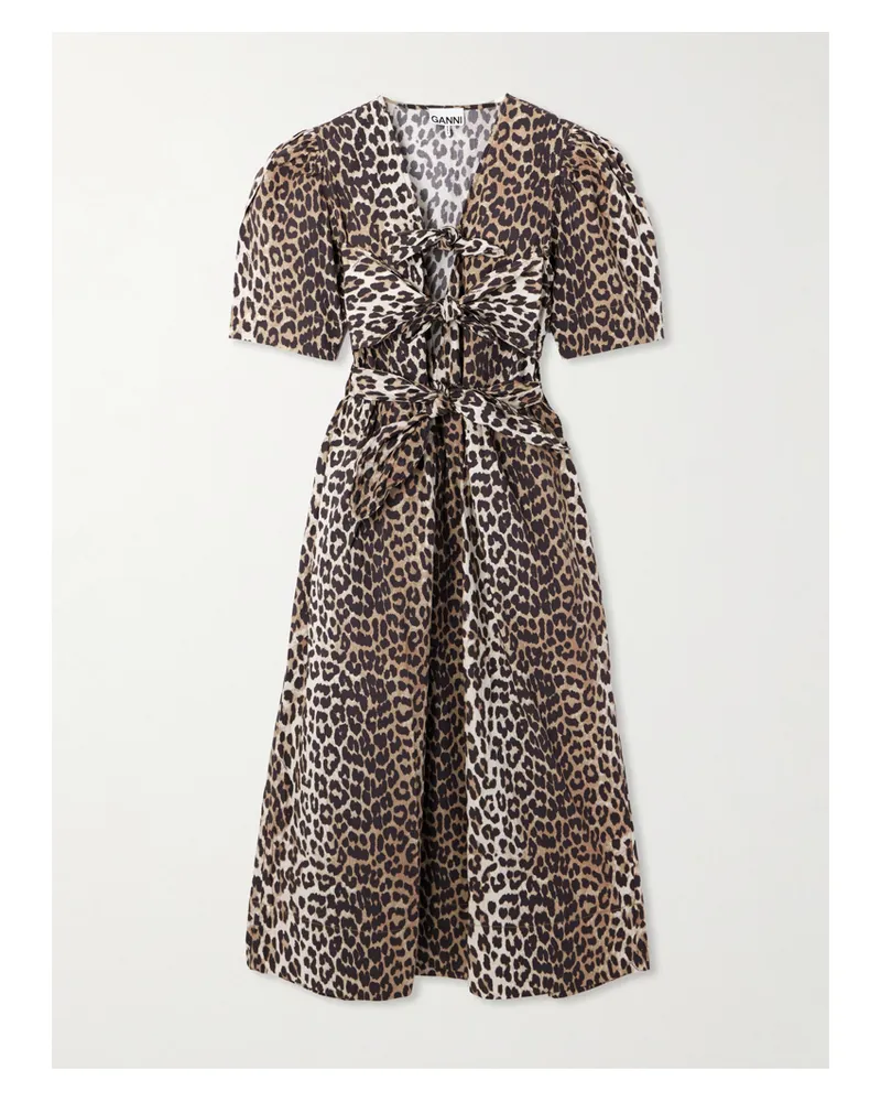Ganni Belted Bow-embellished Leopard-print Cotton-poplin Midi Dress - Animal Print Animal