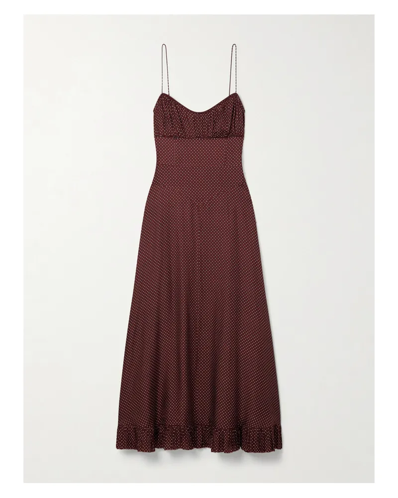 DÔEN Rosaria Gathered Polka-dot Silk-blend Midi Dress - Burgundy Burgundy