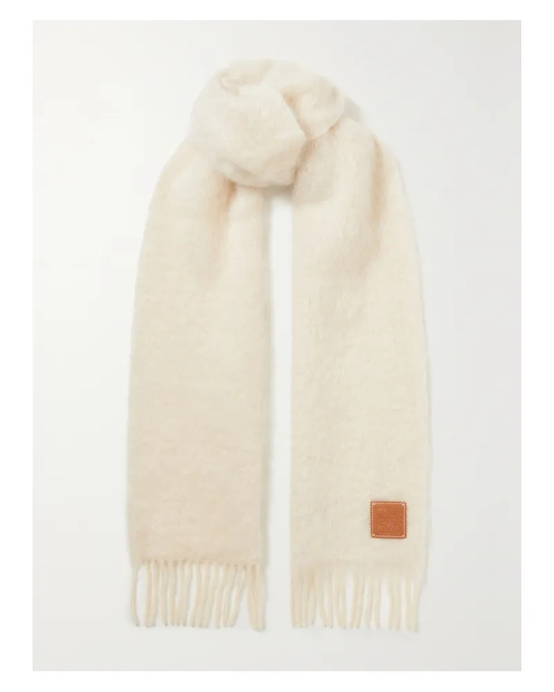 Loewe Leather-trimmed Fringed Mohair-blend Scarf - Neutrals Neutrals