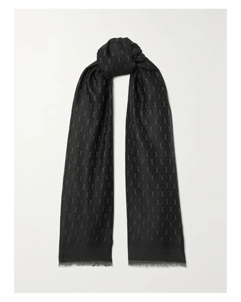 Saint Laurent Schal Aus Jacquard Aus Einer Mischung Aus Wolle, Baumwolle Und Seide Mit Fransen - Schwarz Schwarz