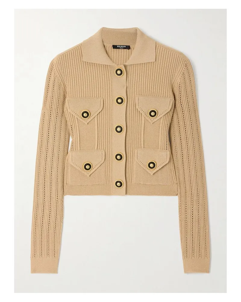 Balmain Cardigan Aus Geripptem Pointelle-strick - Neutral Neutral