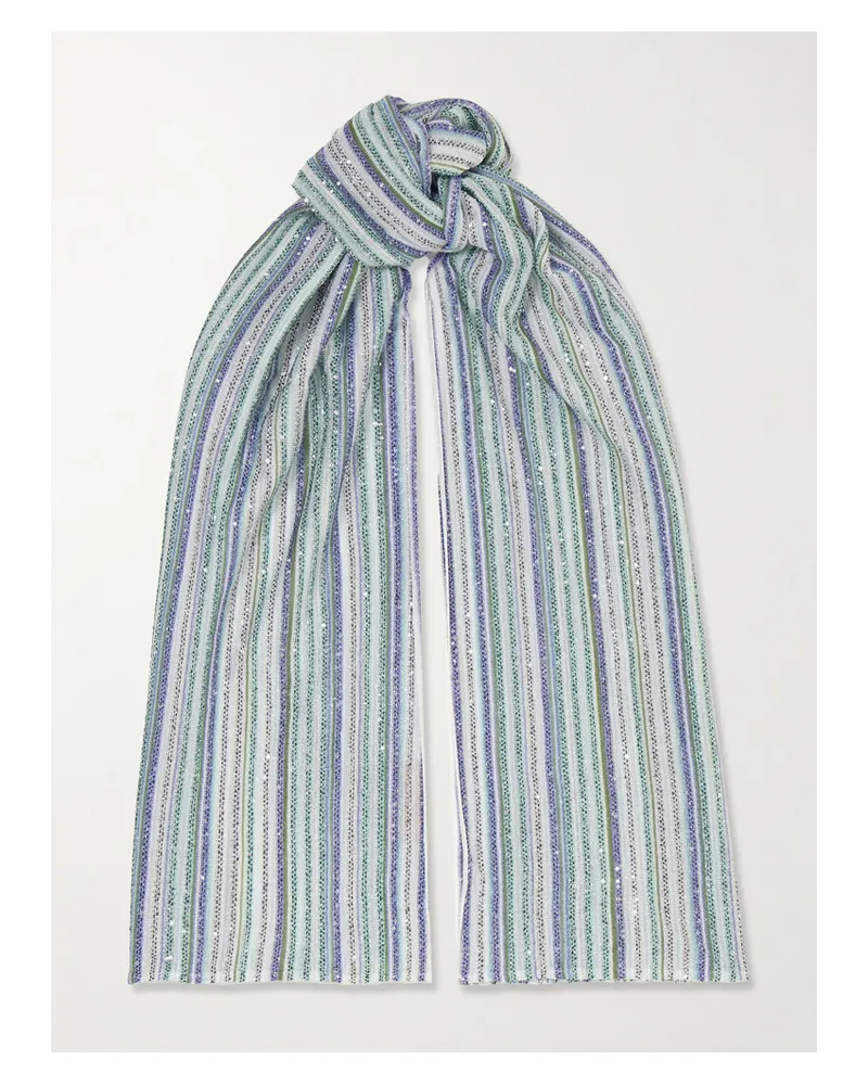 Missoni Schal Aus Gestreiftem Metallic-häkelstrick Mit Pailletten - Blau Blau