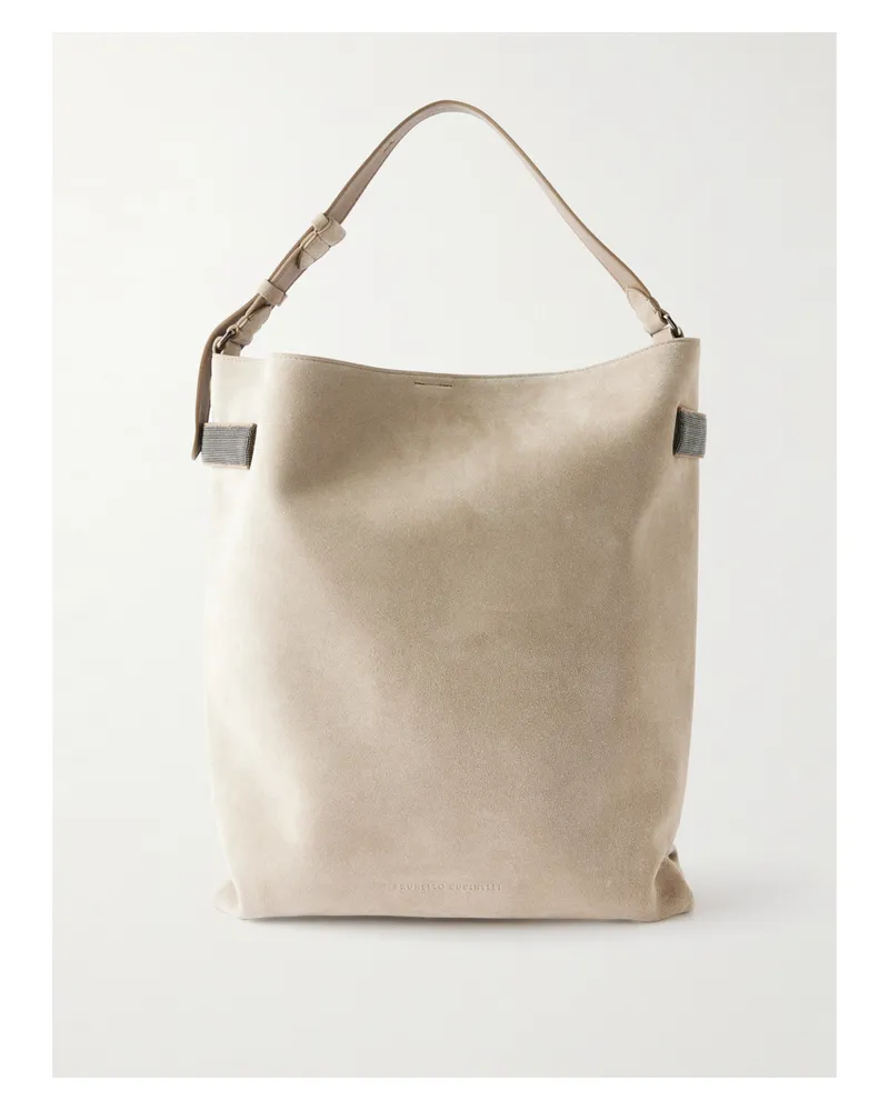 Brunello Cucinelli Bead-embellished Suede Shoulder Bag - Neutrals Neutrals