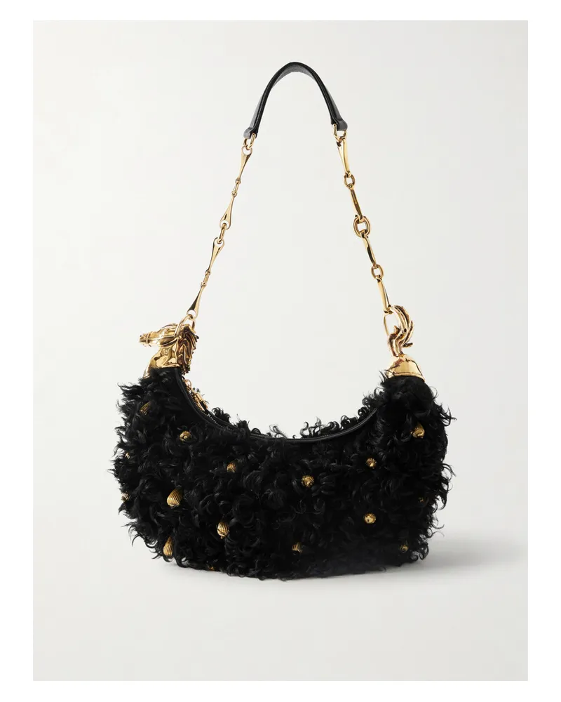 Chloé Chain Horse Embellished Shearling Shoulder Bag - Black Black