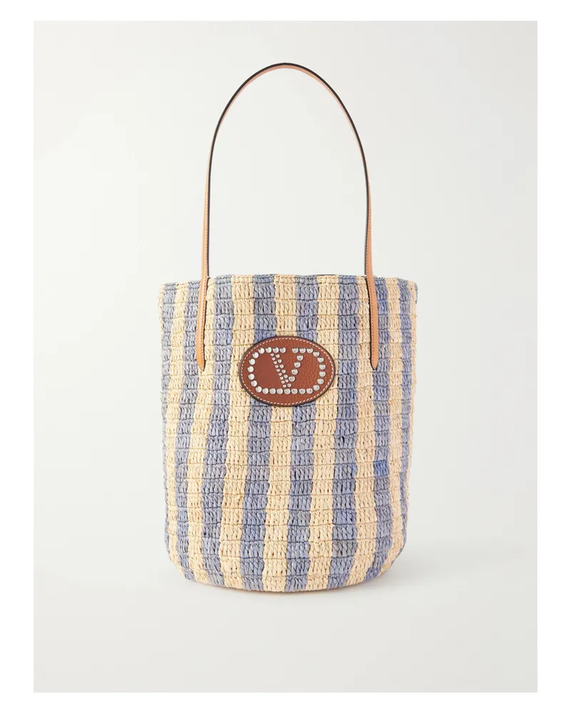 Valentino Garavani Vlogo Signature Small Embellished Leather-trimmed Striped Raffia Bucket Bag - Blue Blue