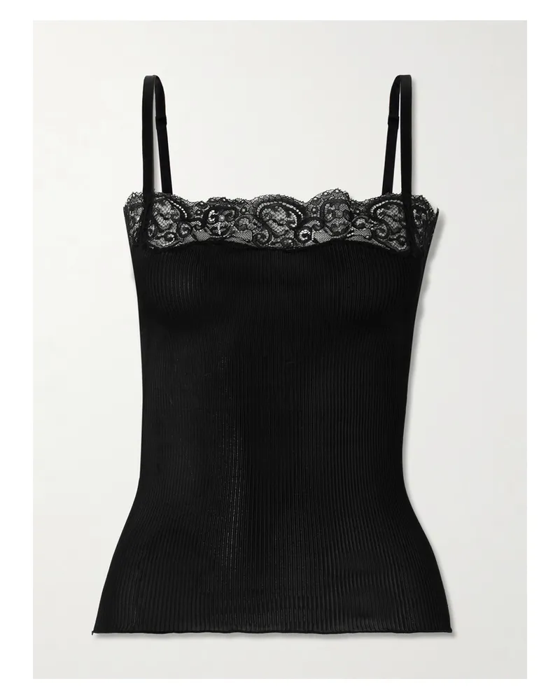 Saint Laurent Top Aus Geripptem Seiden-jersey Mit Spitzenbesatz - Schwarz Schwarz
