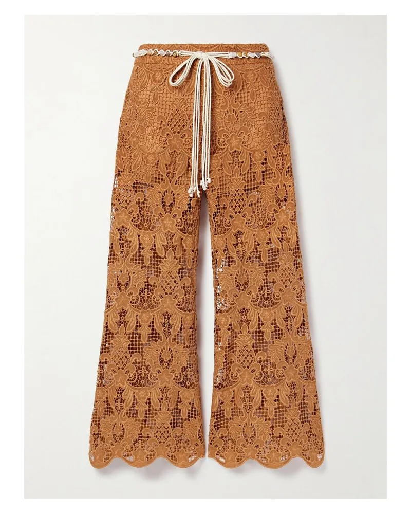 Zimmermann Coco Schlaghose Aus Guipure-spitze Mit Bindegürtel - Braun Braun