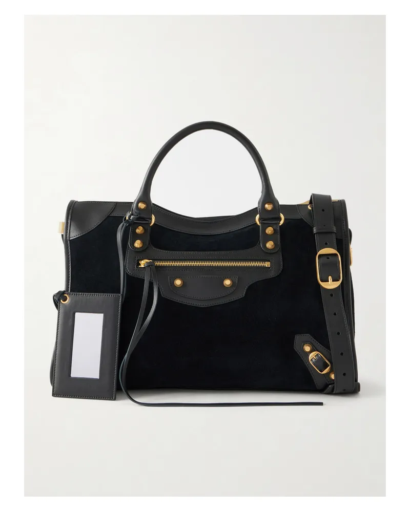 Balenciaga Le City Studded Leather-trimmed Suede Shoulder Bag - Black Black