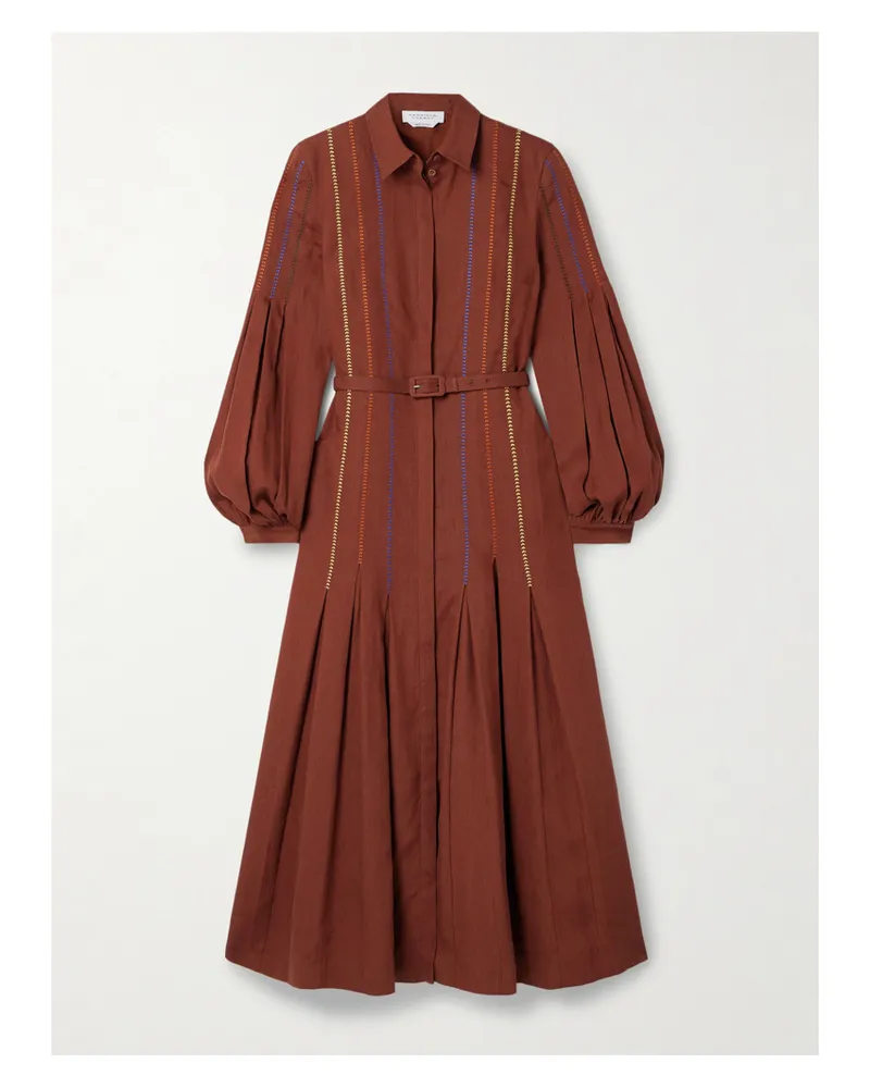 Gabriela Hearst Aleka Midi-hemdblusenkleid Aus Leinen Mit Stickereien Und Gürtel - Burgunder Burgunder