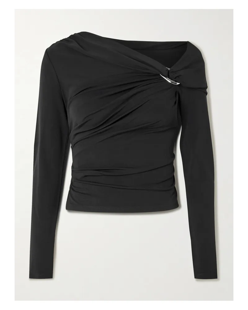 Veronica Beard Lozea Asymmetric Embellished Stretch-mesh Top - Black Black